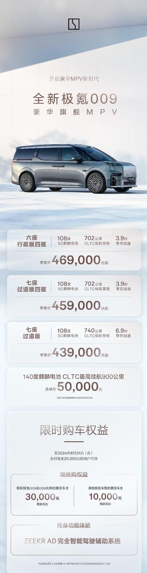  售价43.9万元起，豪华MPV新标杆全新极氪009全球上市