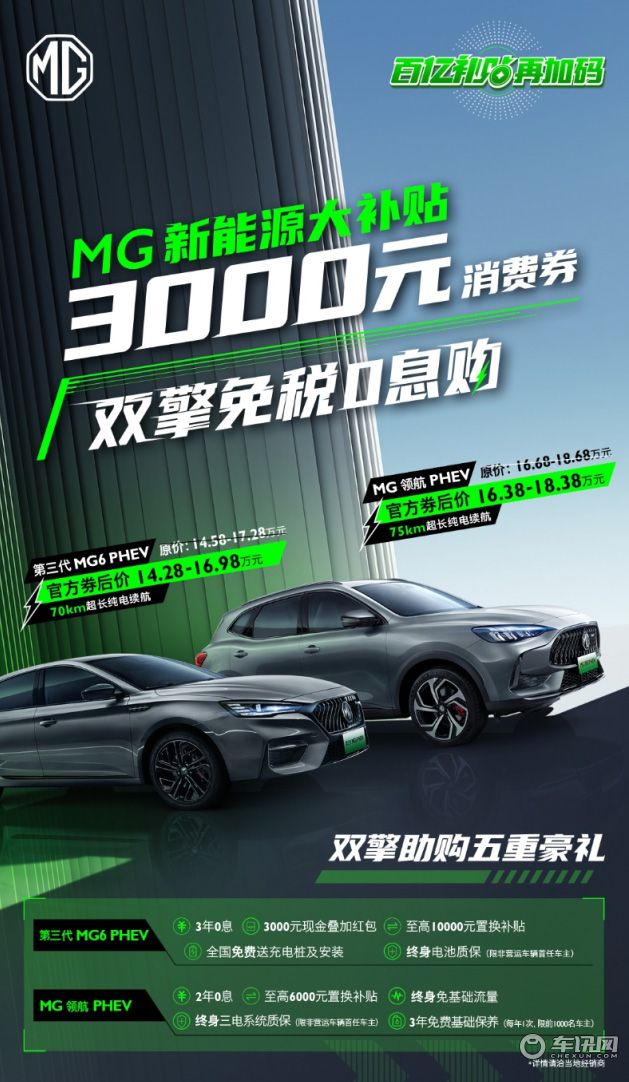 名爵推3000元新能源消费券 包含名爵6与MG领航众多车型 
