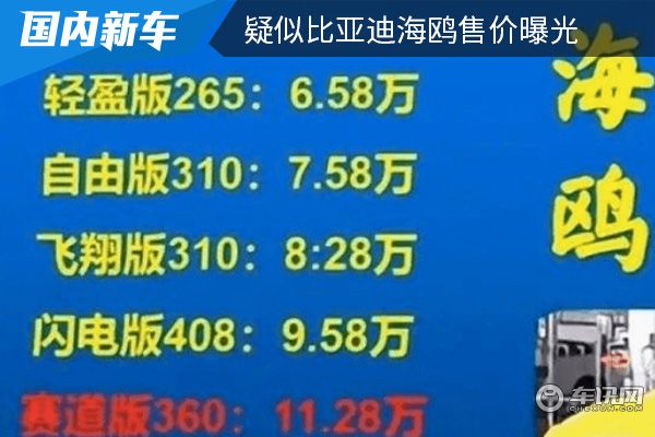 售价或为6.58-11.28万元 疑似比亚迪海鸥售价曝光 