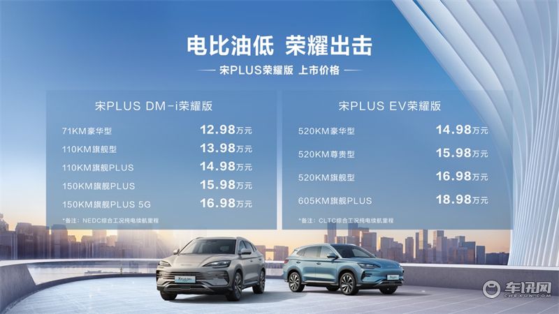 比亚迪宋PLUS荣耀版/海豹DM-i荣耀版上市，售价12.98万元起