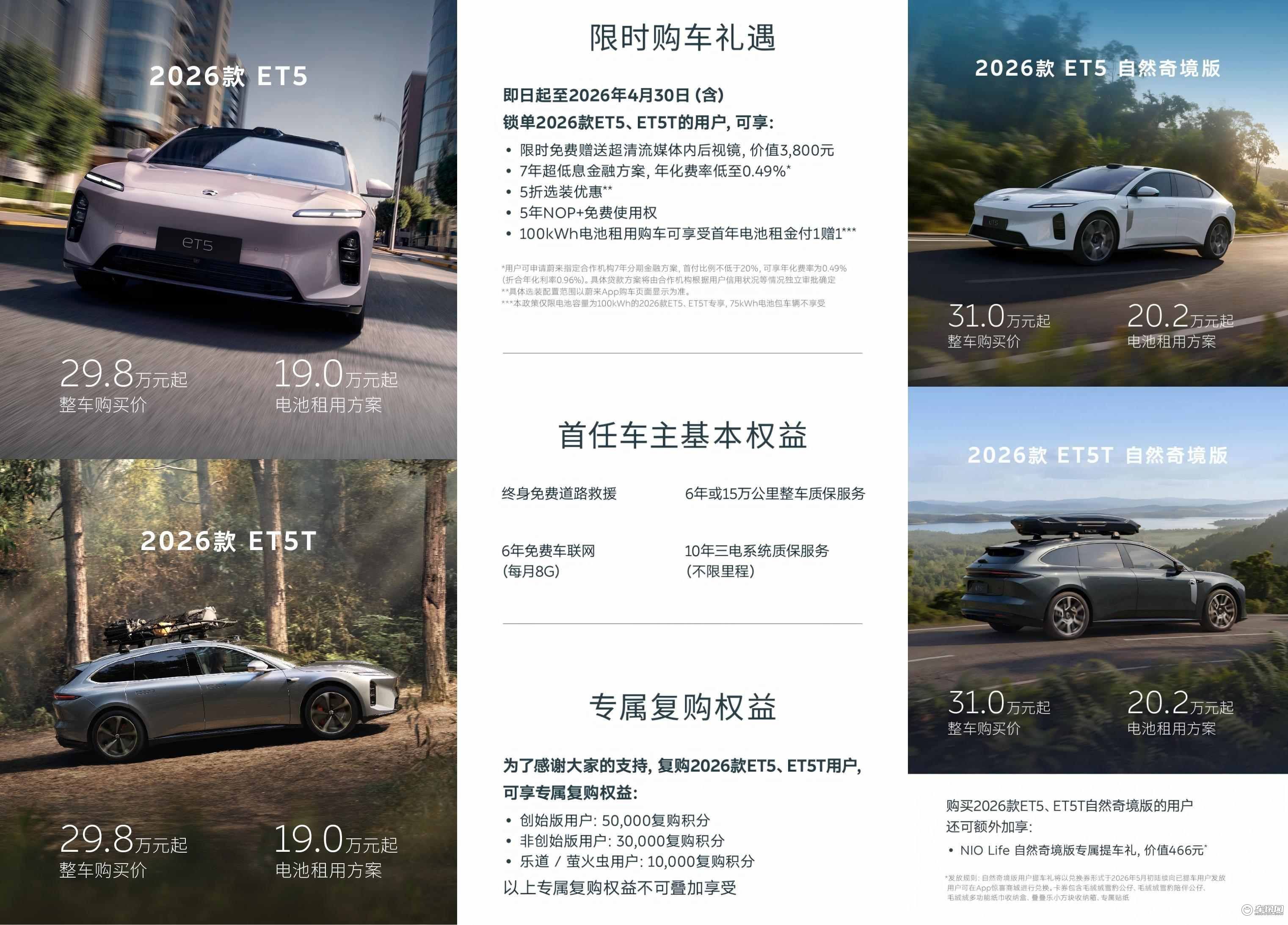 电池租用方案19万起 蔚来2026款ET5/ET5T上市