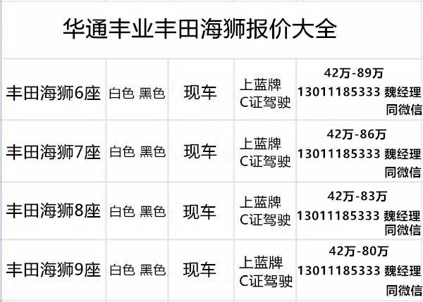 丹东丰田海狮4s店电话 丰田海狮5座6座7座8座9座报价优惠